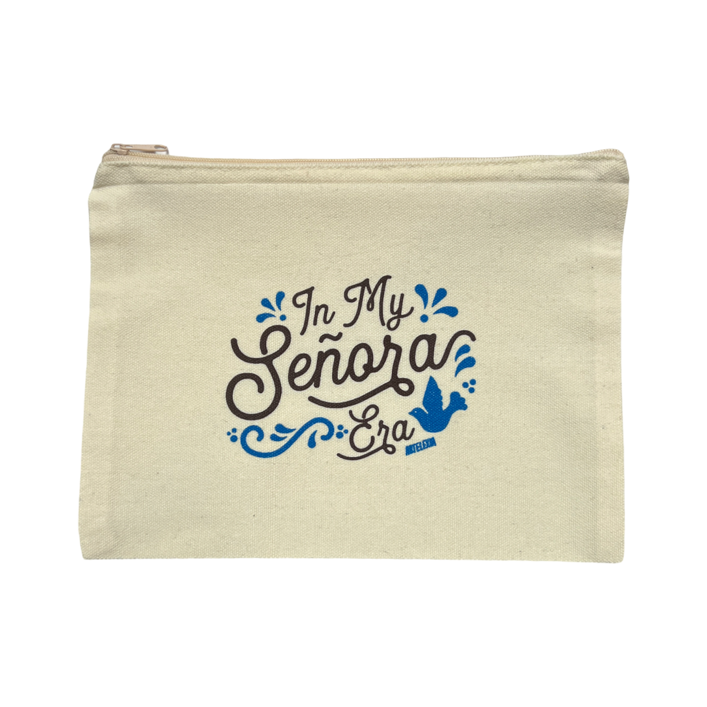 natural canvas zip pouch with the phrase in my senora era in brown lettering featuring a blue filagree desing with a bird.