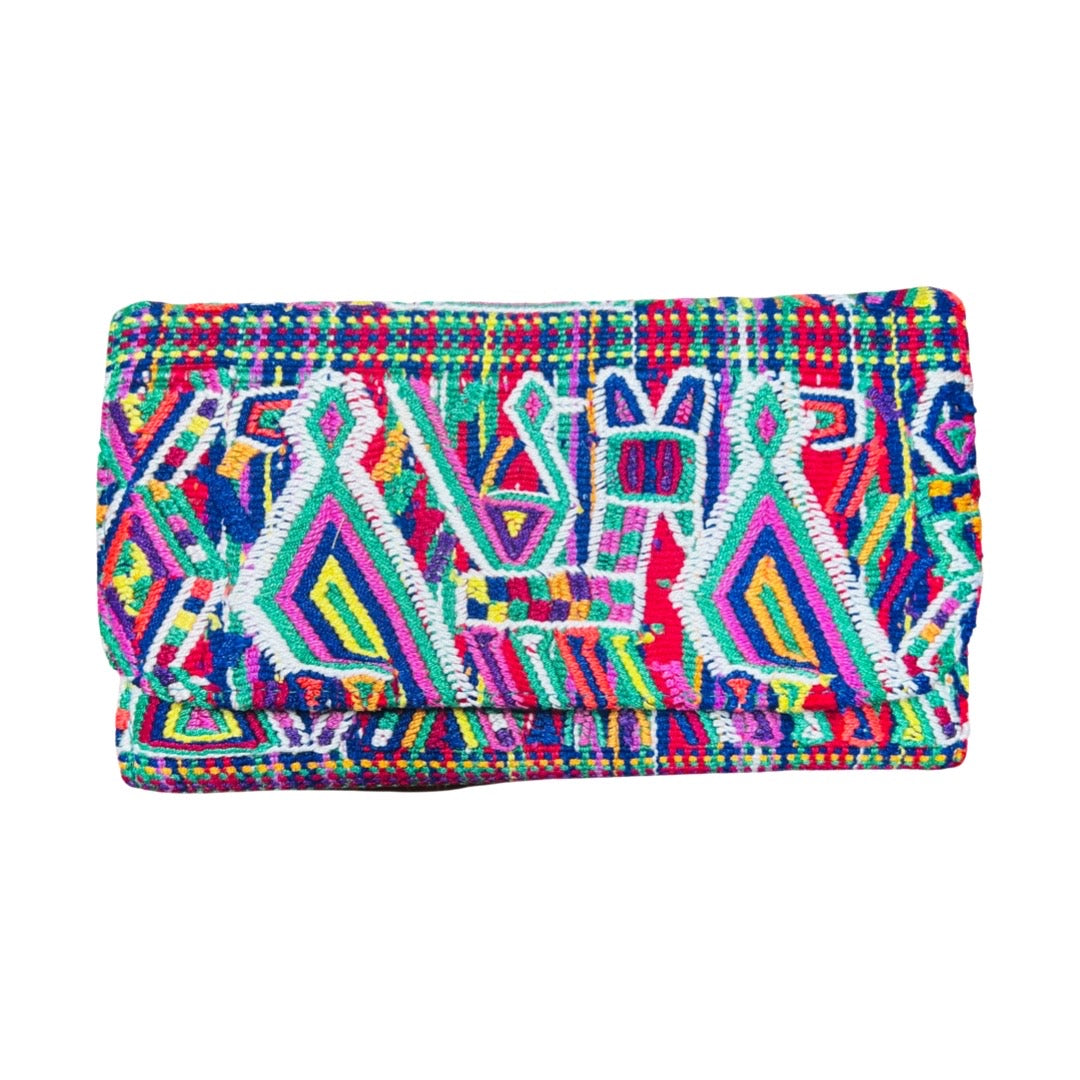 Huipil wallet clutch with a multi-colored design