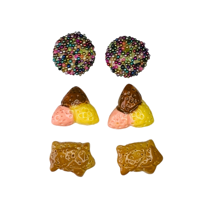 Trio pan dulce stud earrings with maranito, payaso and sprinkle cookie designs