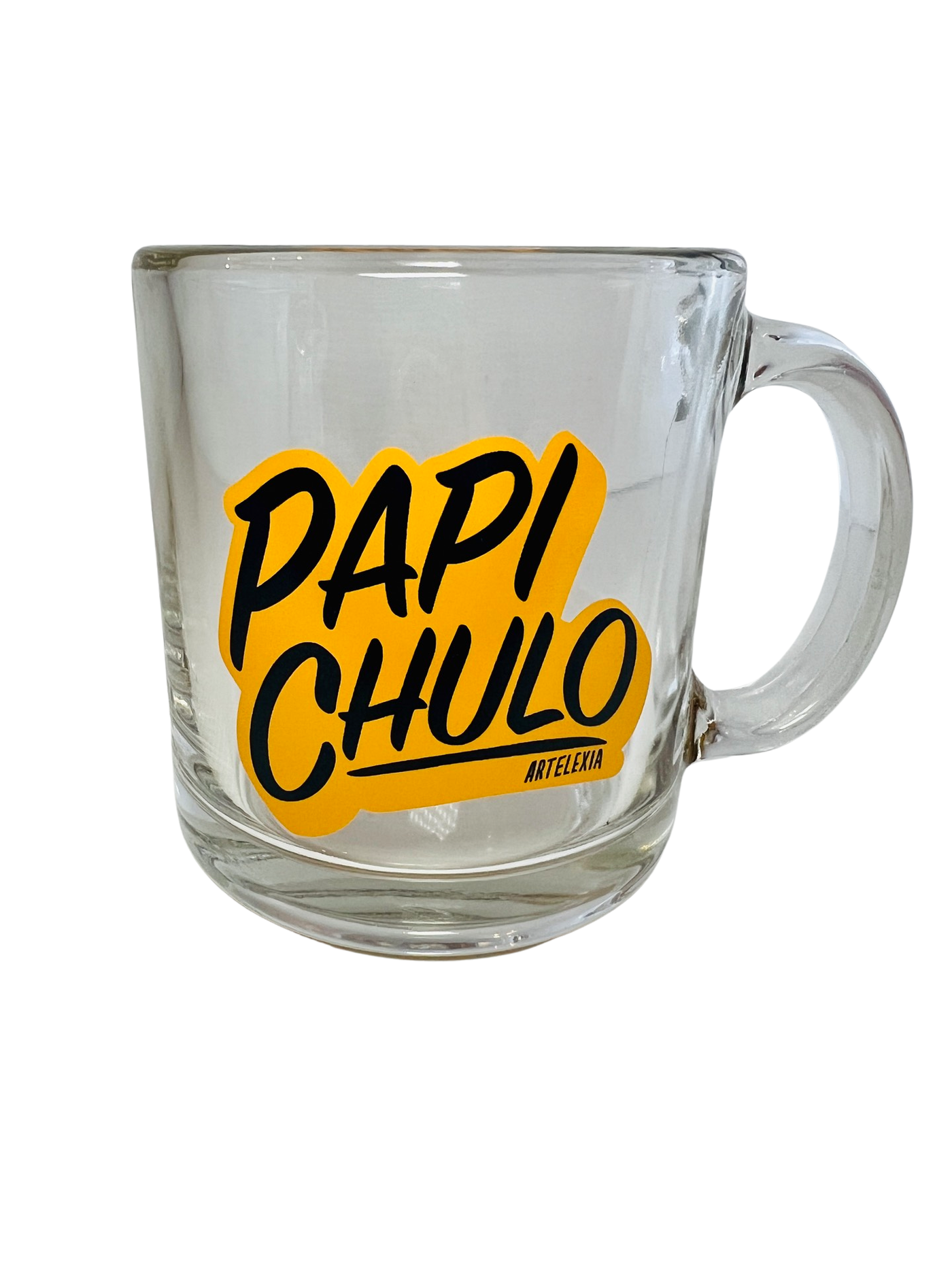 Clear Glass mug with the phrase Papi Chulo in orange/navy blue lettering