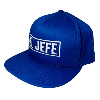 Side view of Royal Blue snapback hat with the phrase El Jefe in white lettering
