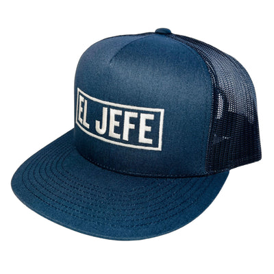 Side view of Blue trucker hat with the phrase El Jefe in white lettering