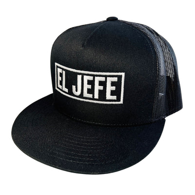Side view of Black trucker hat with the phrase El Jefe in white lettering