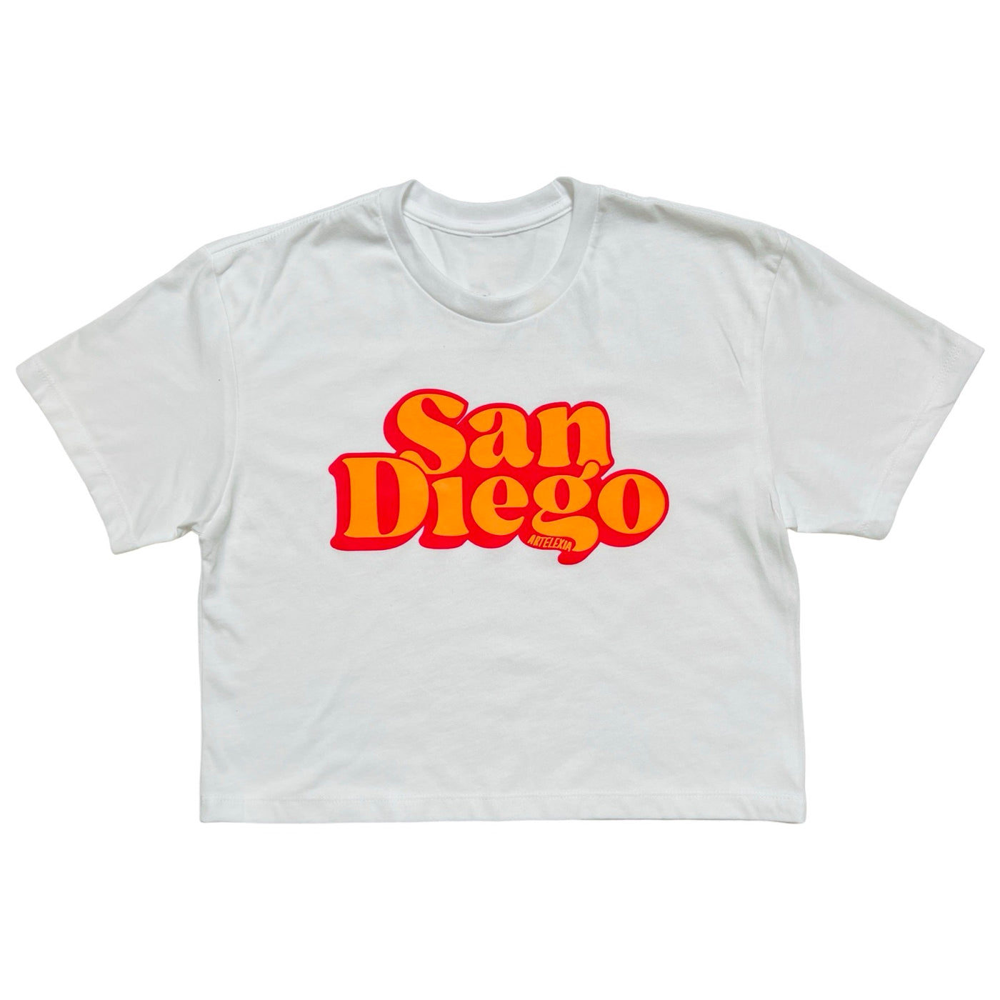 white crop top shirt with the words San Diego in orange and pink lettering