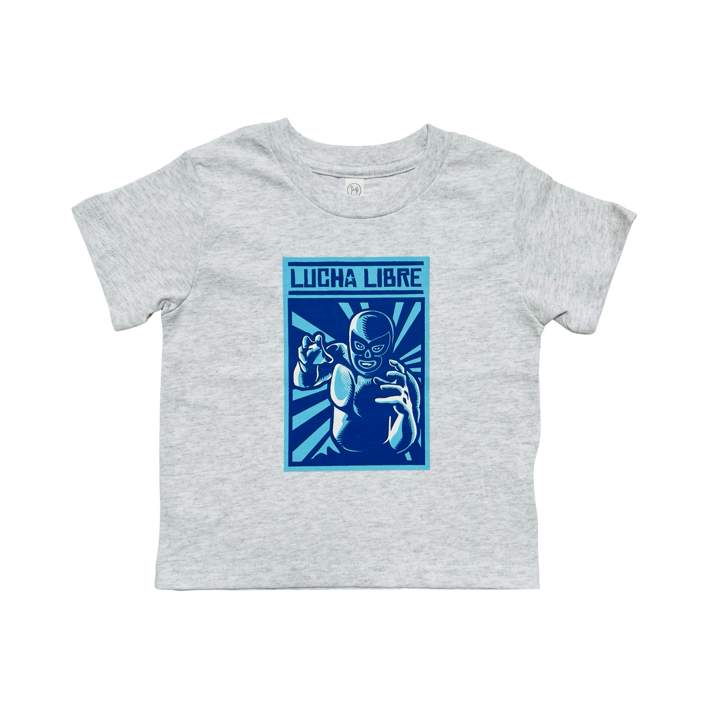 light grey speckled shirt with a rectangle image of a luchador and the phrase Lucha Libre in blue and teal colors.