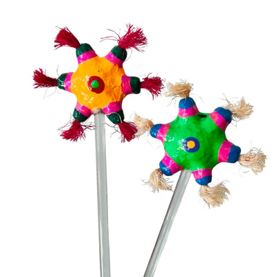 Brightly colorful star piñata glass stir sticks (style 1). Tassels at the end of each point of the star piñata.