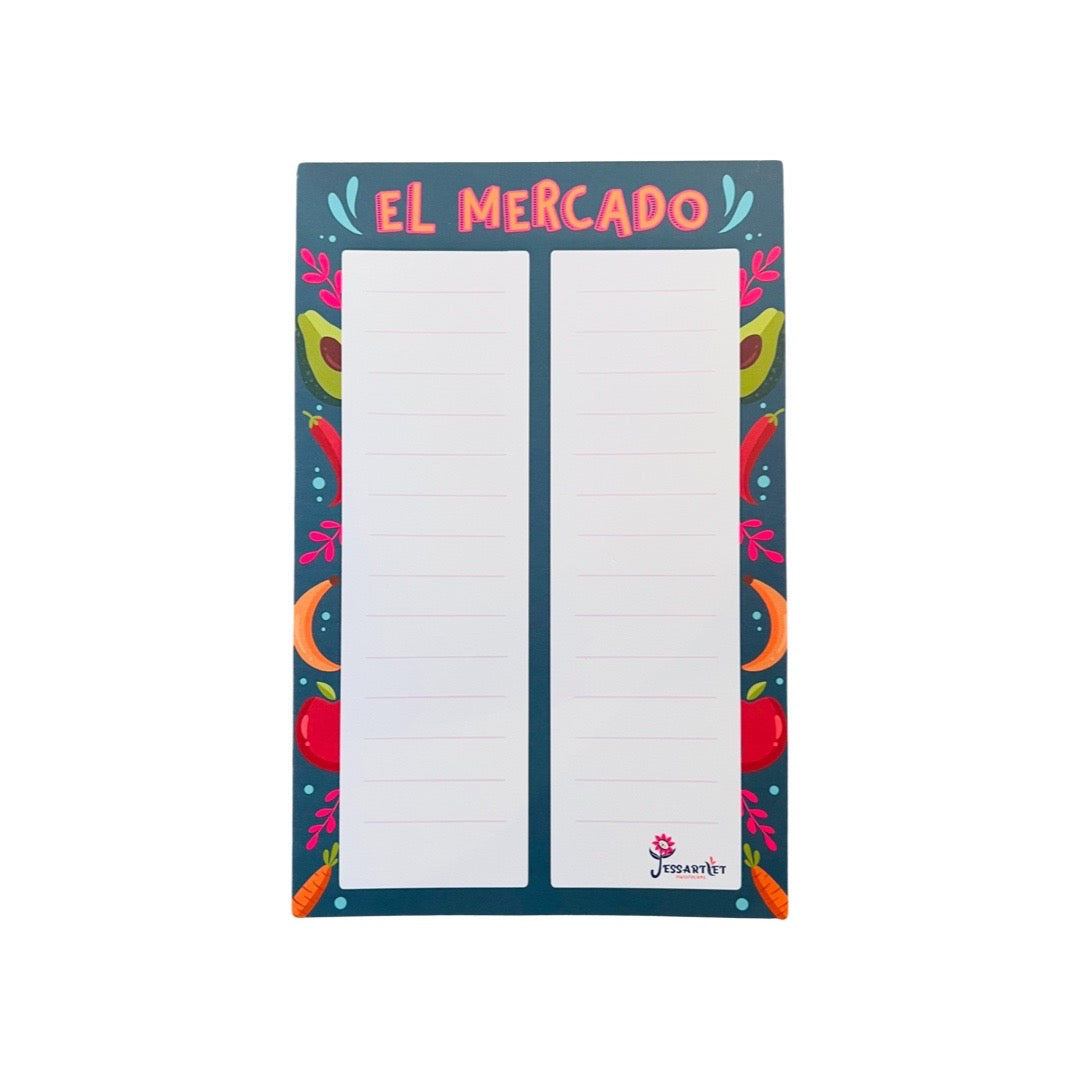notepad with the phrase El Mercado in orange and ink lettering and features a border with images of peppers, apples, carrots and avocados