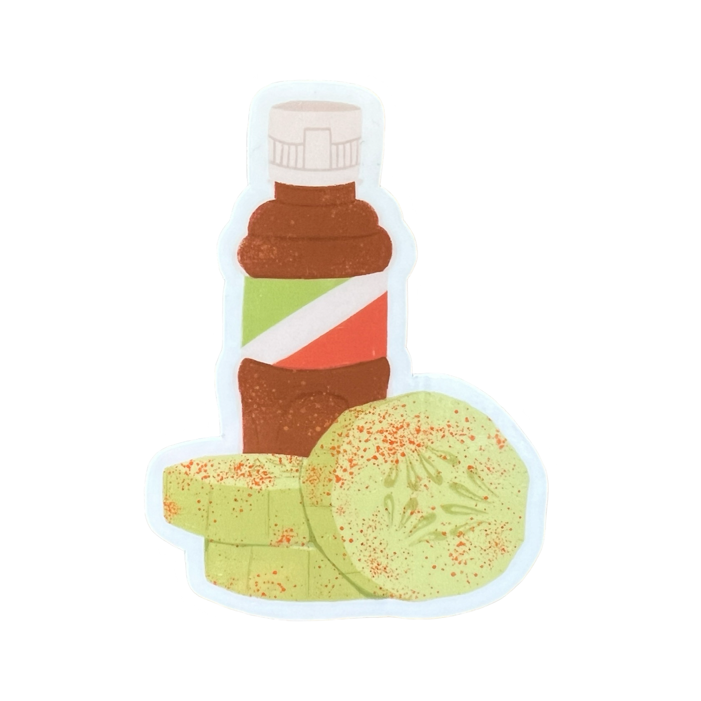 illustration of a bottle of tajin and three slices of cucumber with tajin sprinkled on them.