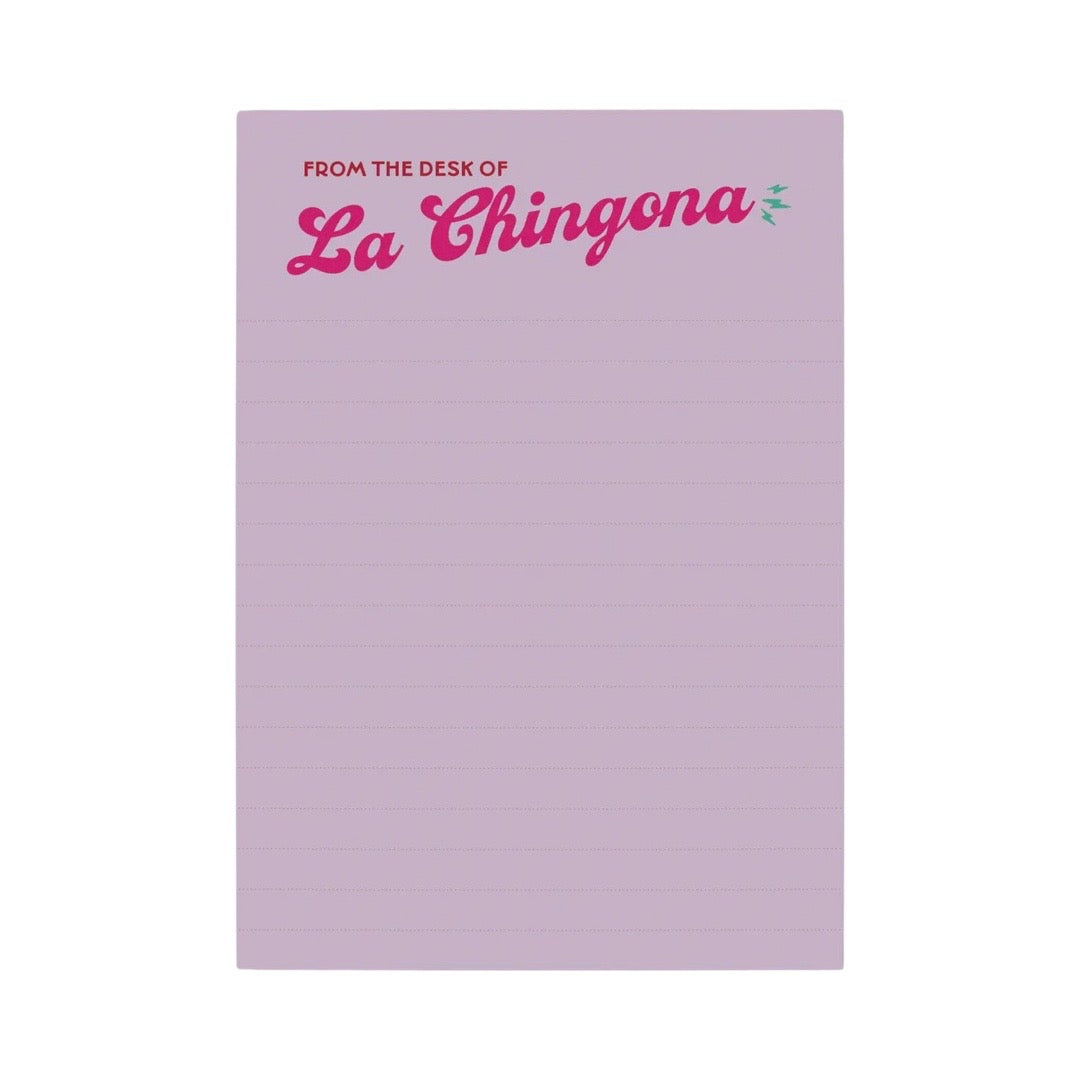 Lavender lined notepad with the phrase "From The Desk Of La Chingona" in pink lettering
