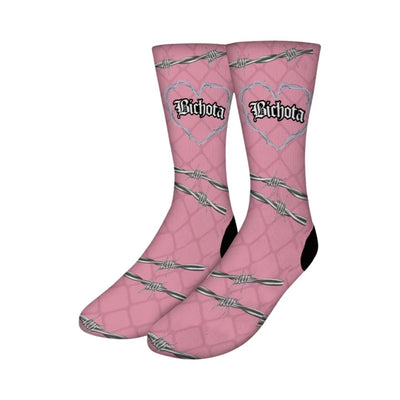 pair of pink socks featuring barb wires and the word Bichota.