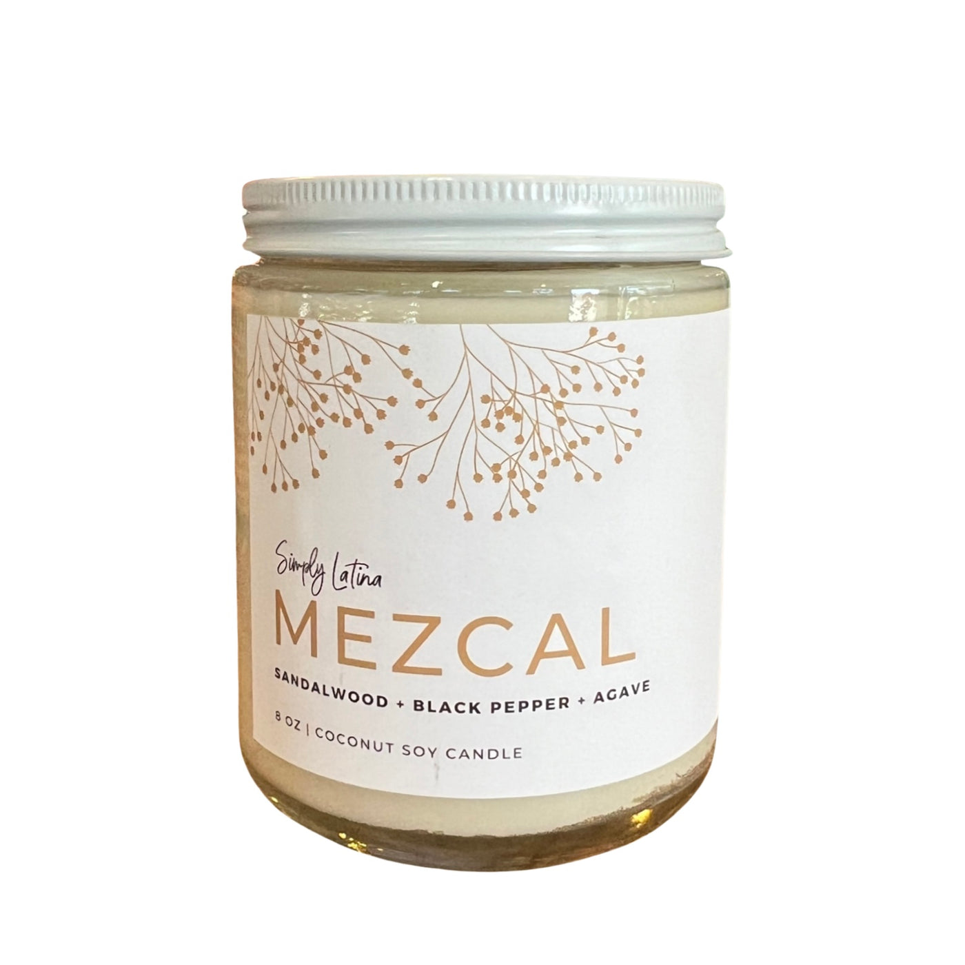 8 oz soy candle with a white branded label featuring light brown lettering and a white lid.