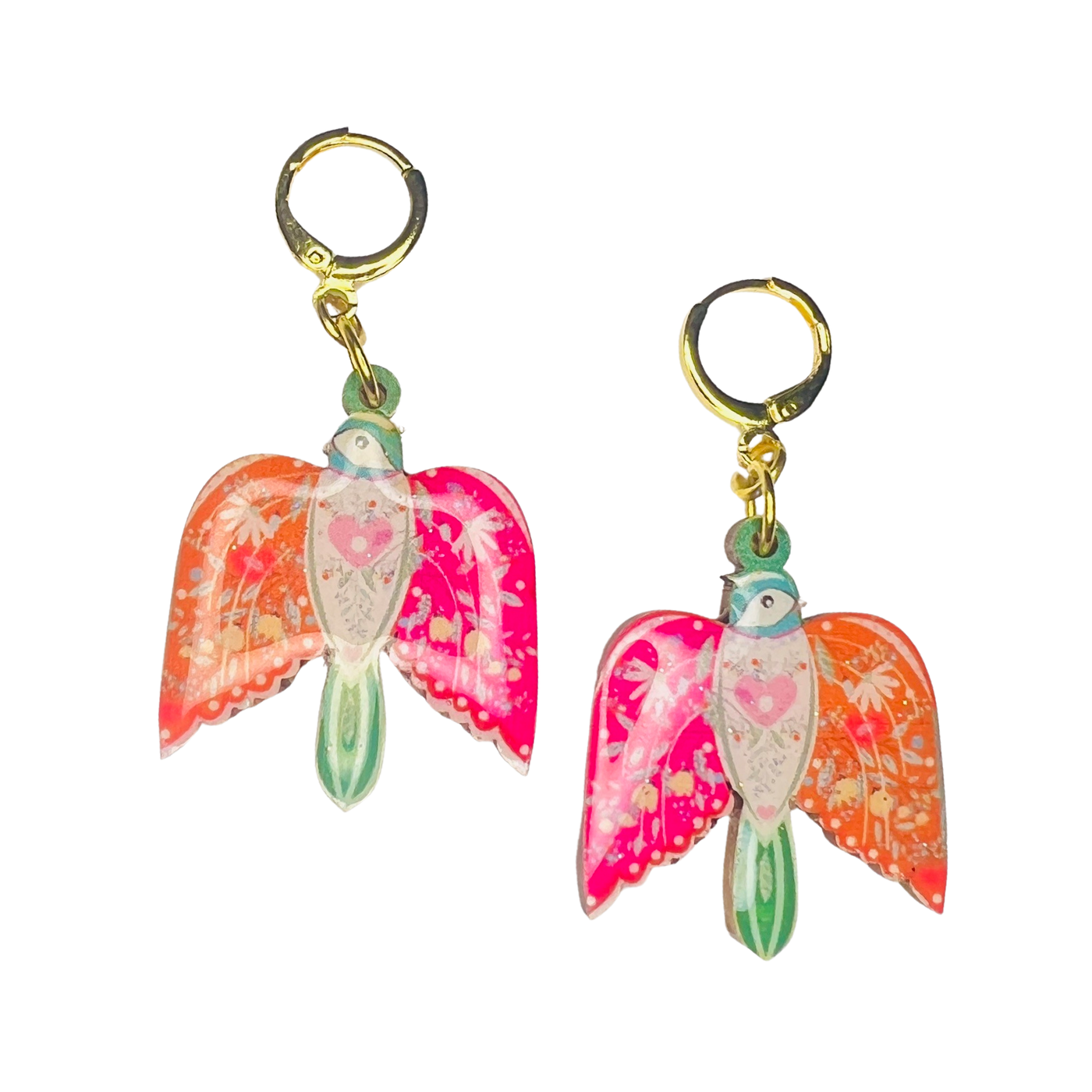 set of pink and orange colored bird earrings