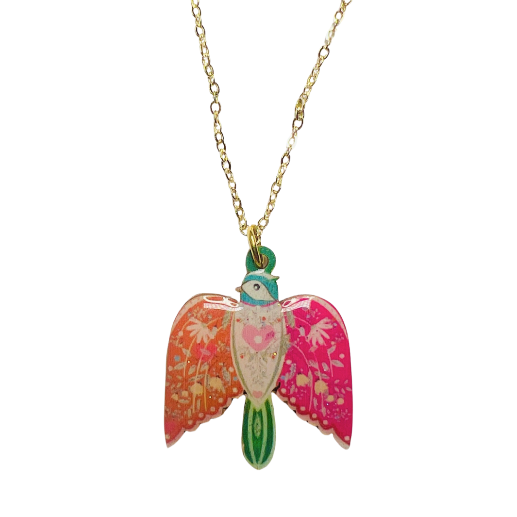 gold chain with a bird pendent that features one orange and one pink wing and a green tail.