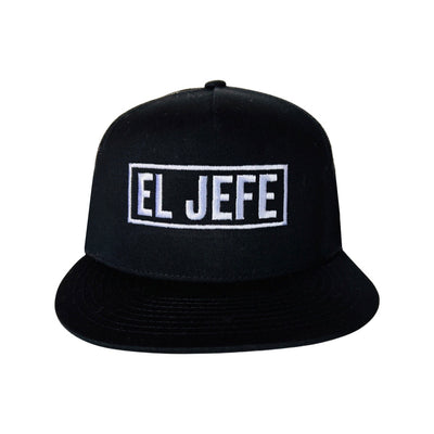 Black snapback hat with the phrase El Jefe in white lettering