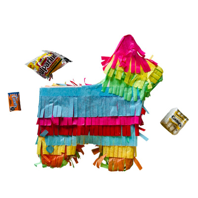 Multi-colored pinata with three pieces of Mexican candy
