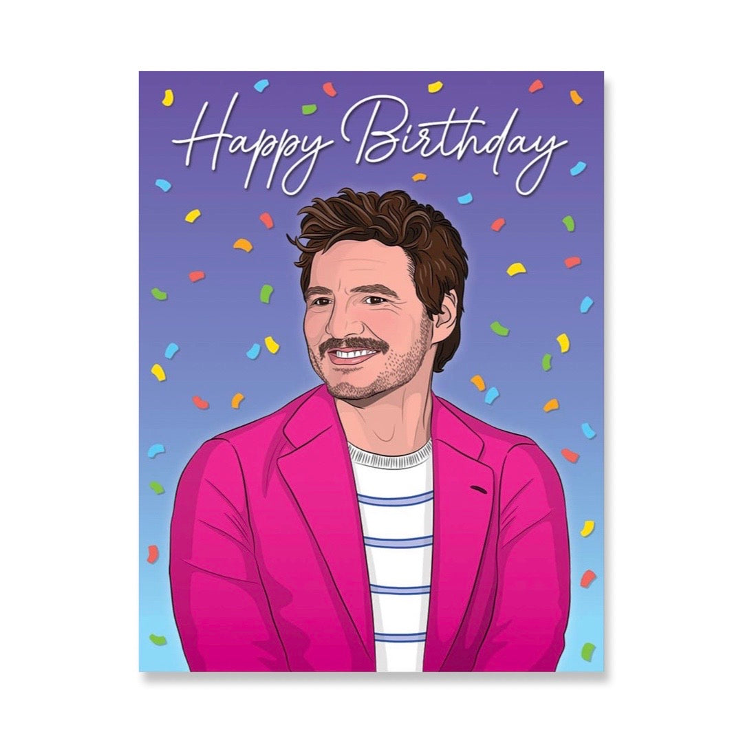 Greeting card with a purple ombre background with confetti featurin an image of Pedro Pascal wearing a striped shirt and pink blazer.