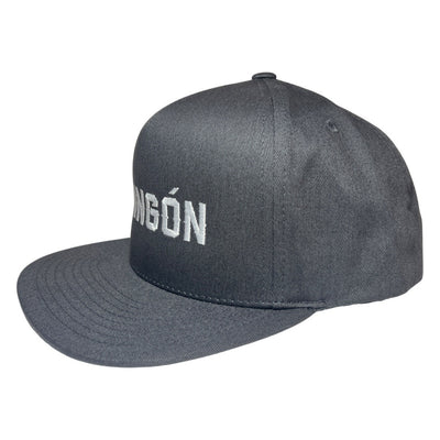 Side view of a Grey hat with the word Chingon in white lettering