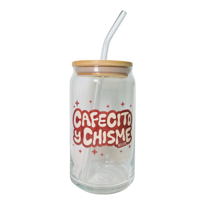 clear glass with a glass straw and wooden lid featuring the phrase Cafecito y Chisme in brown and beige lettering