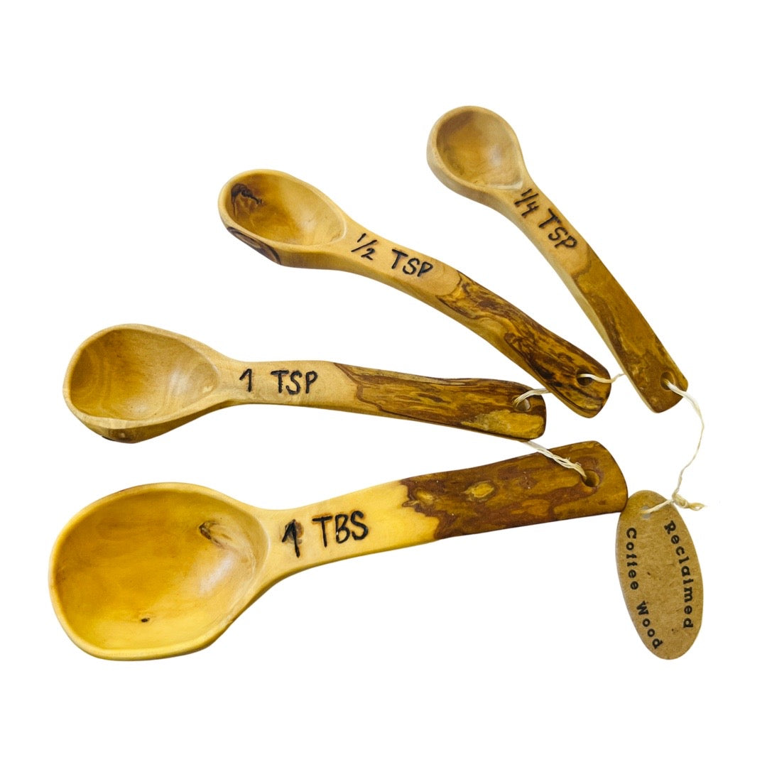 Coffee wood measuring spoons. Set of 4 includes: 1 tbs, 1 tsp, 1/2 tsp, 1/4 tsp.