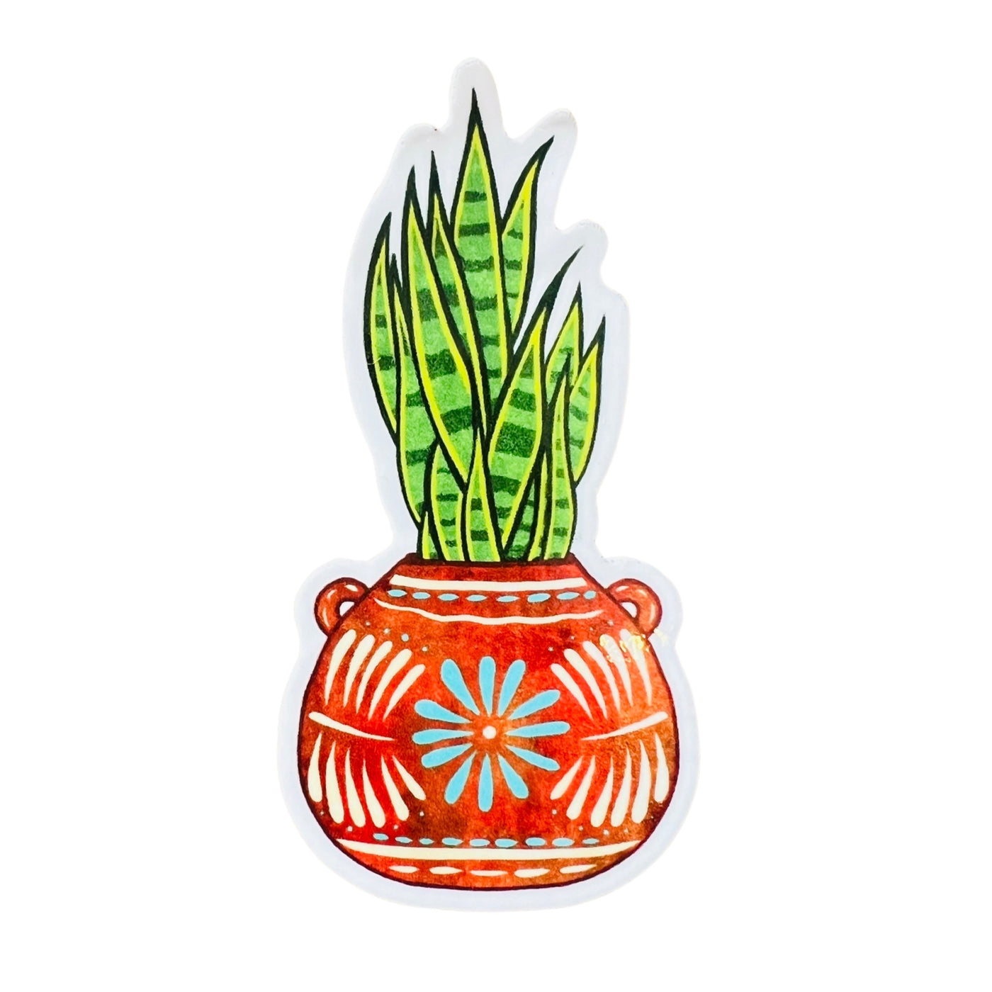 snake plant sticker that features a clay pot with a blue and white floral design.