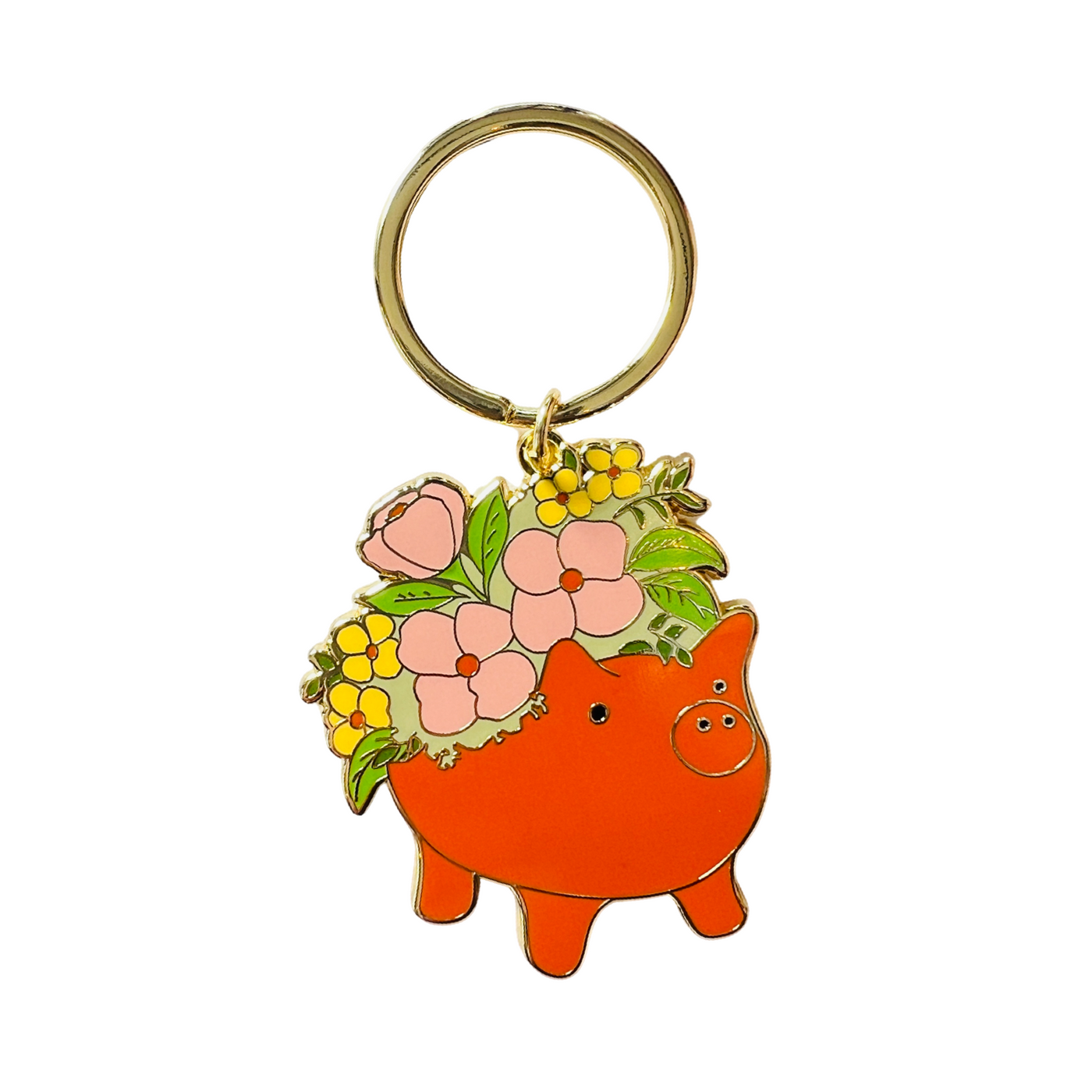 enamel keychain featuring a pig planter with flowers