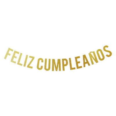 Gold glitter paper banner with the phrase Feliz Cumpleaños