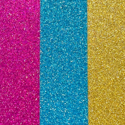 three strips of glitter colors; pink, turquoise and gold.