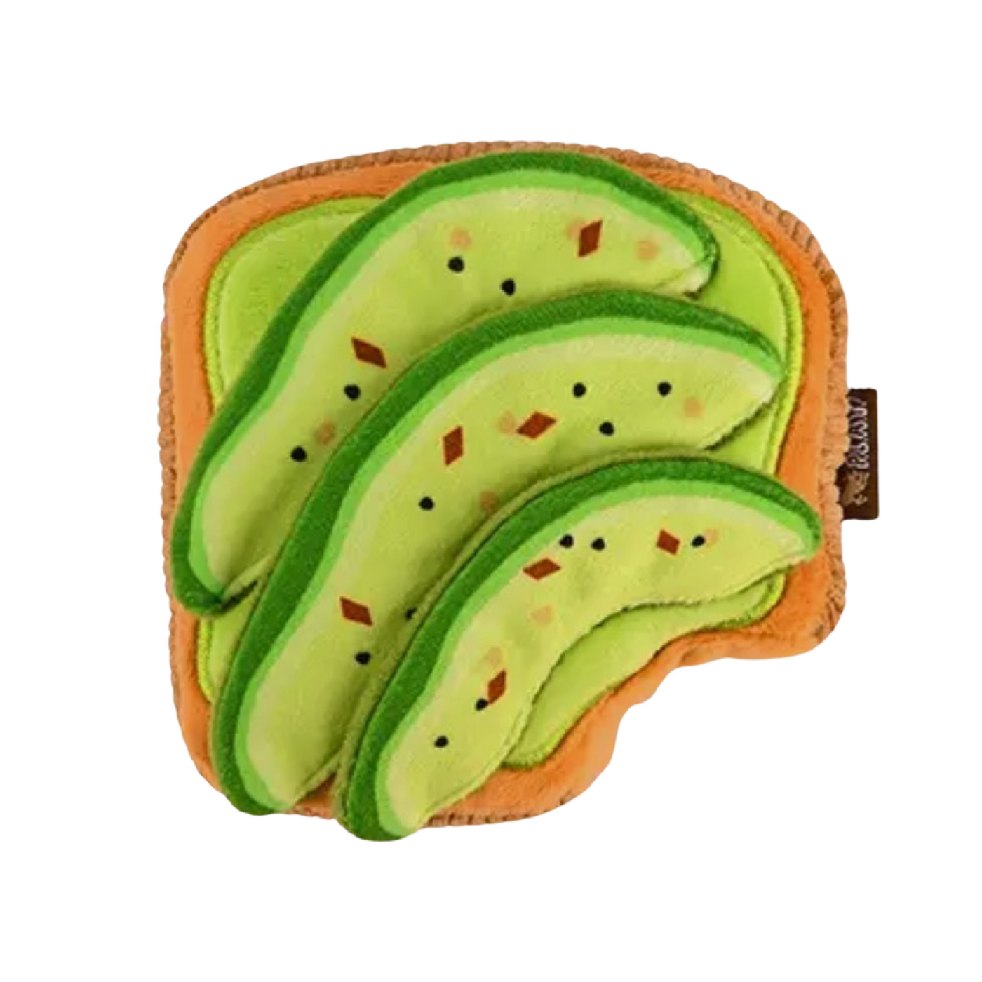 Plush avocado toast dog toy that features 3 slices of avocado.