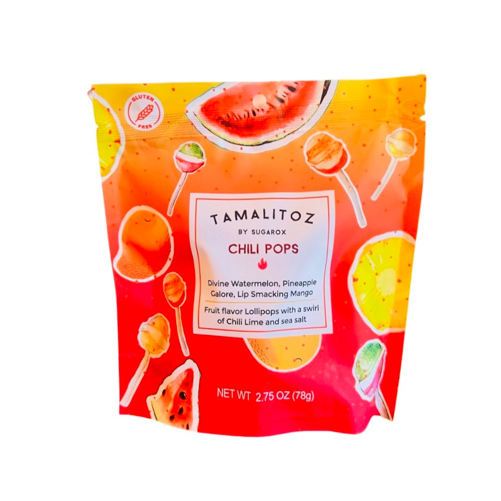 2.75oz bag of chili pops with a branded bag that features fruit and lollipops.