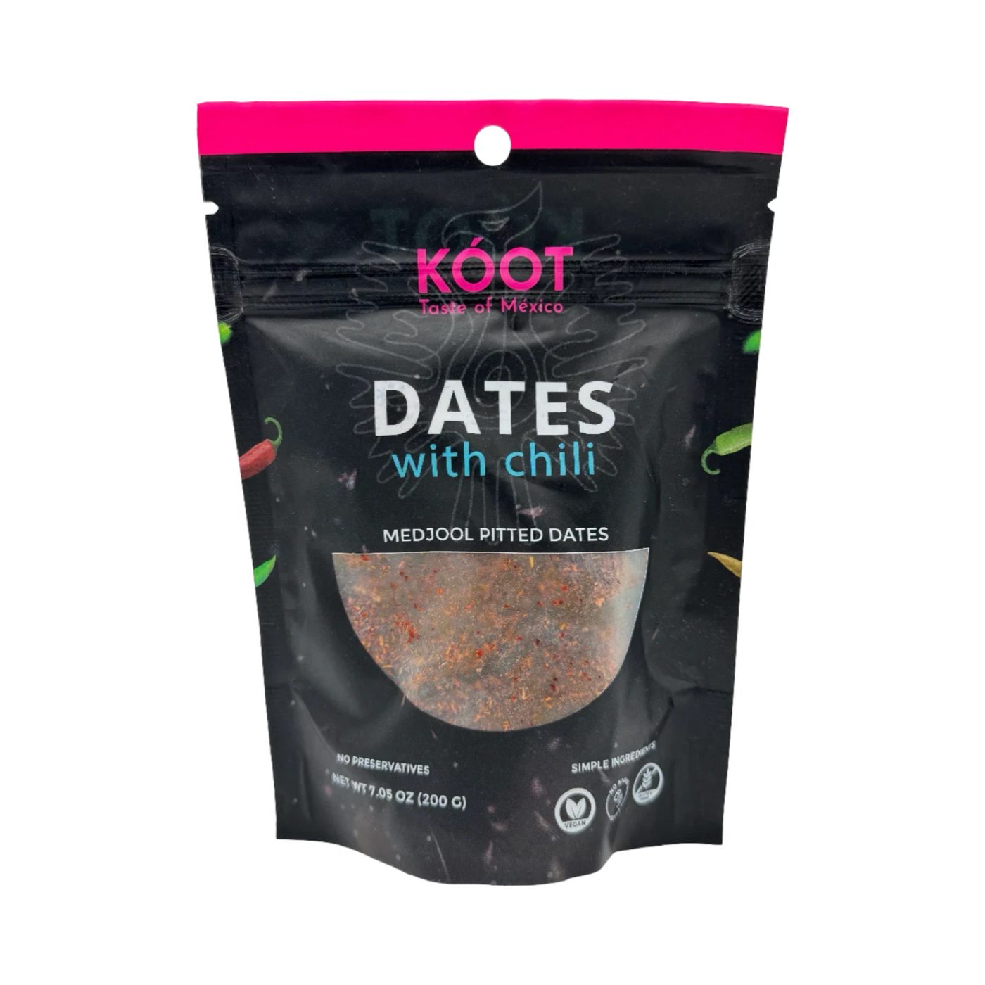 black 7 oz branded bag of dates with chili