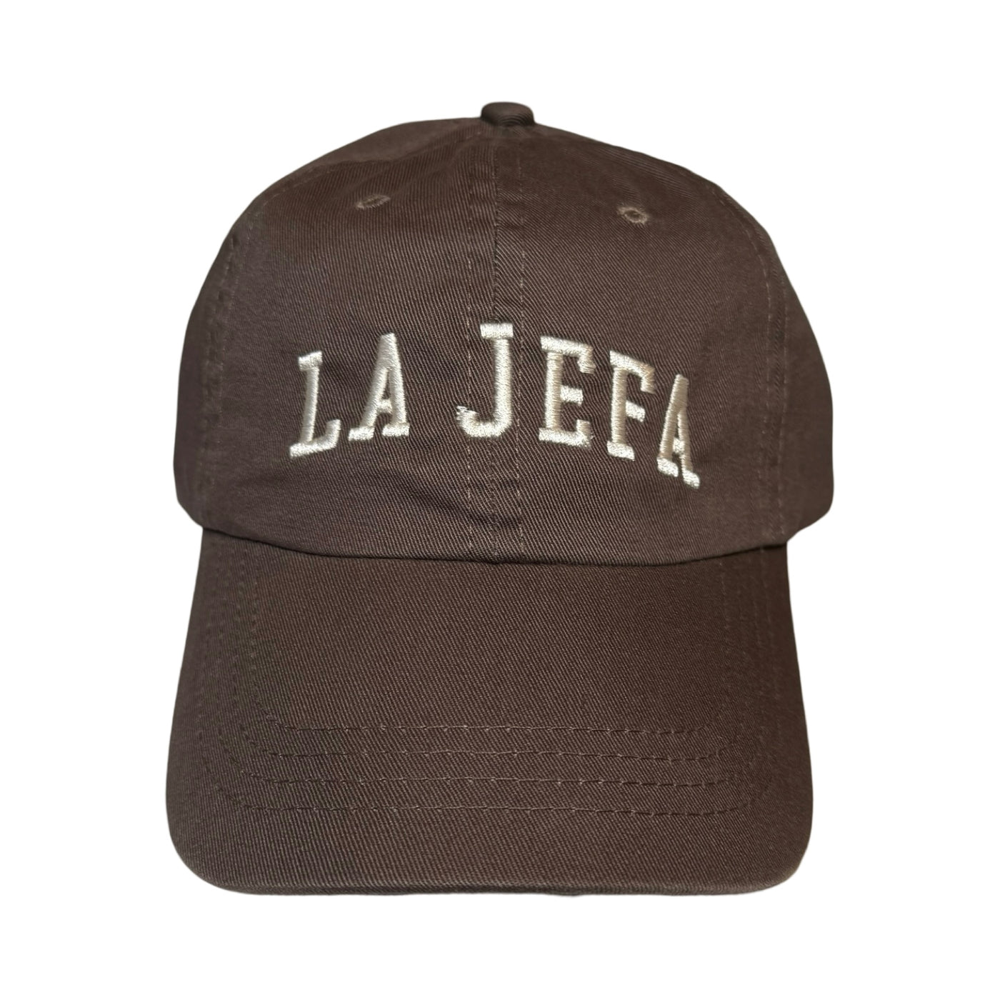 brown hat with the phrase La Jefa in tan lettering