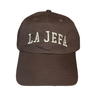 brown hat with the phrase La Jefa in tan lettering