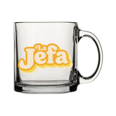 clear glass mug with the phrase La Jefa in yellow and white lettering