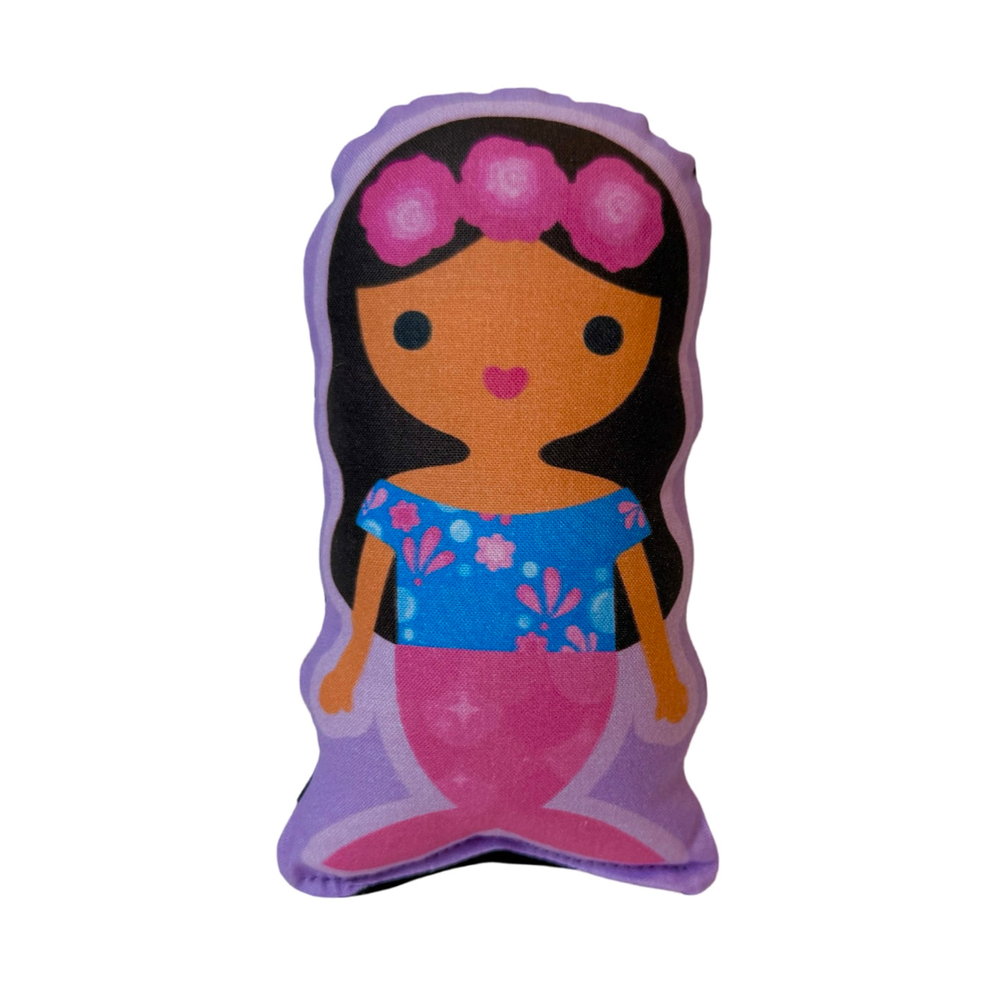 Mini plush doll of a mermaid with a blue top, pink fin and a pink flower crown