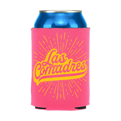 bright pink can cooler with the phrase Las Comadres in yellow lettering.