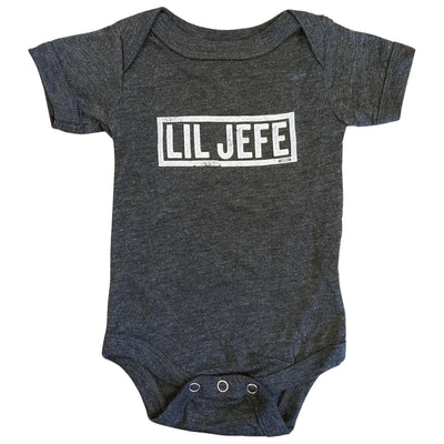 Charcoal grey triblend shortsleeve onesie featuring the phrase "Lil Jefe" in white letters
