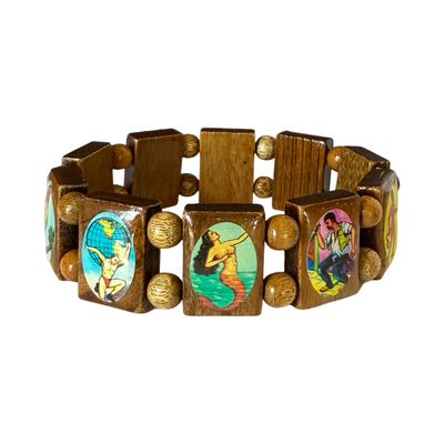 Wooden stretch bracelet featuring colorful Lotería game images on rectangular wood tiles, accented with round wooden beads.