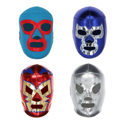set of 4 bold color Mexican luchador masks in blue, silver, red, teal and gold.