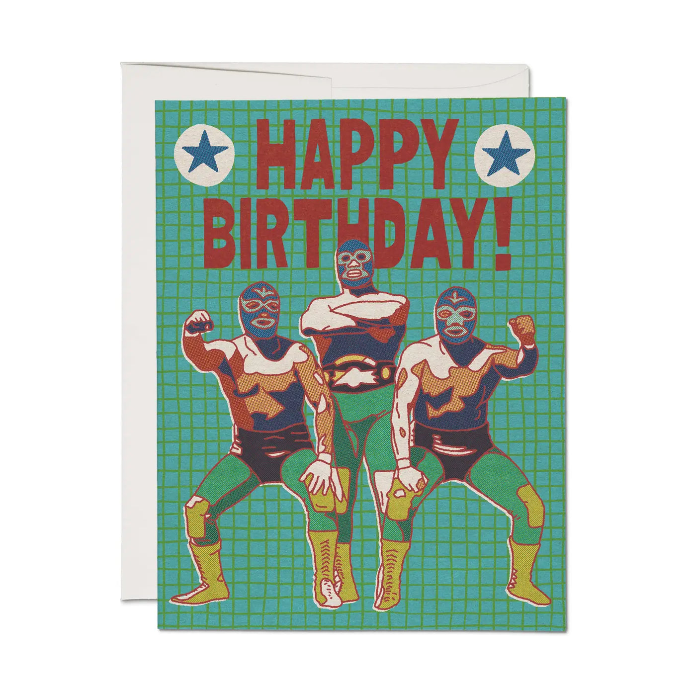 Birthday card with three colorful luchadores posing beneath the words “Happy Birthday!” on a teal grid background.