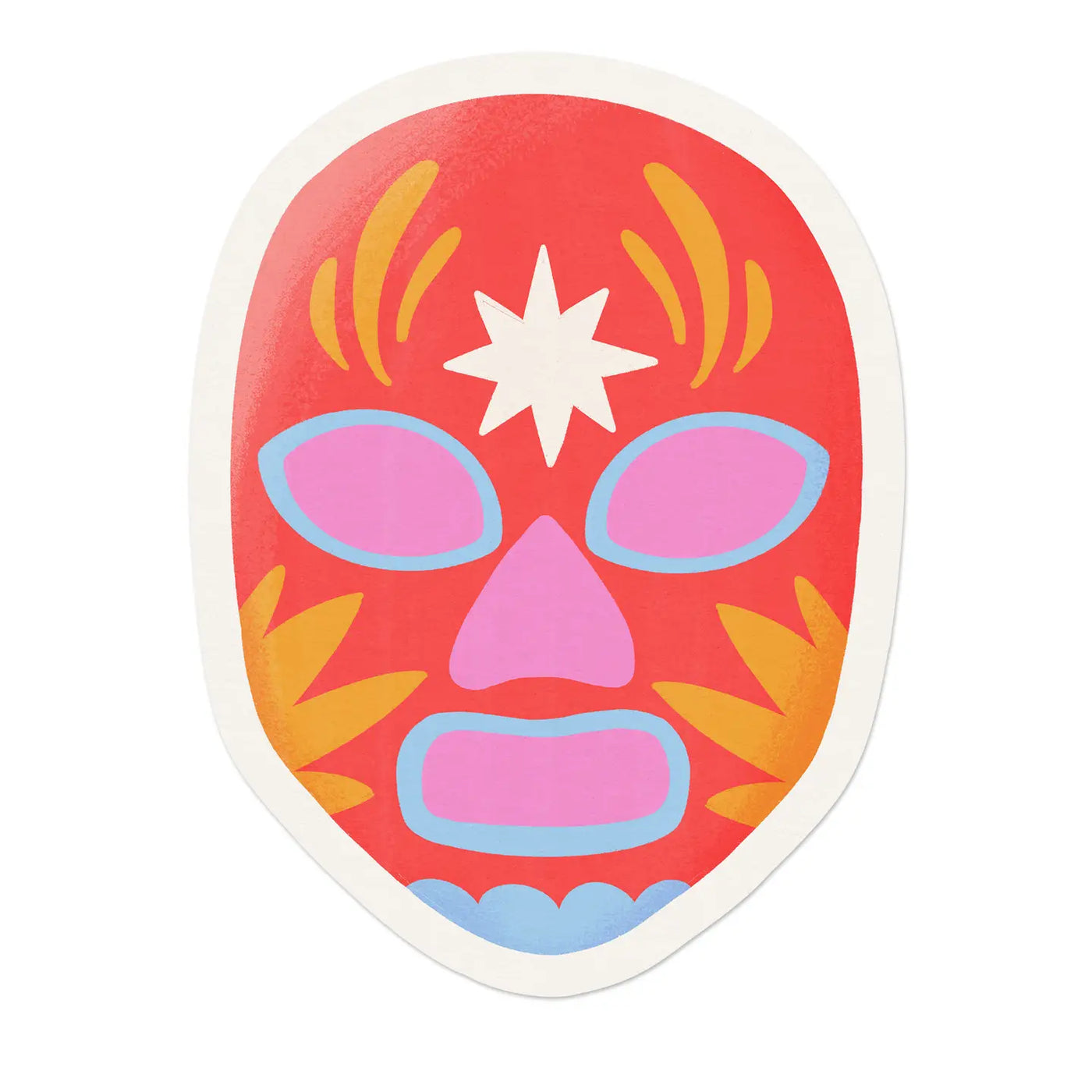 Vinyl sticker of a red lucha libre mask with pink, yellow, and blue details.