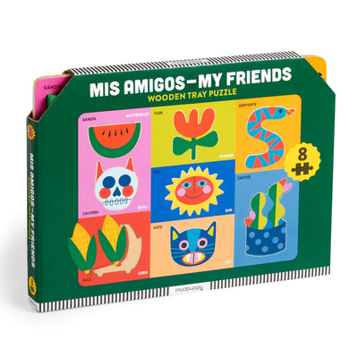 rectangle green box that features a wooden puzzle with brightly colored images such as a watermelon, cat and snake.