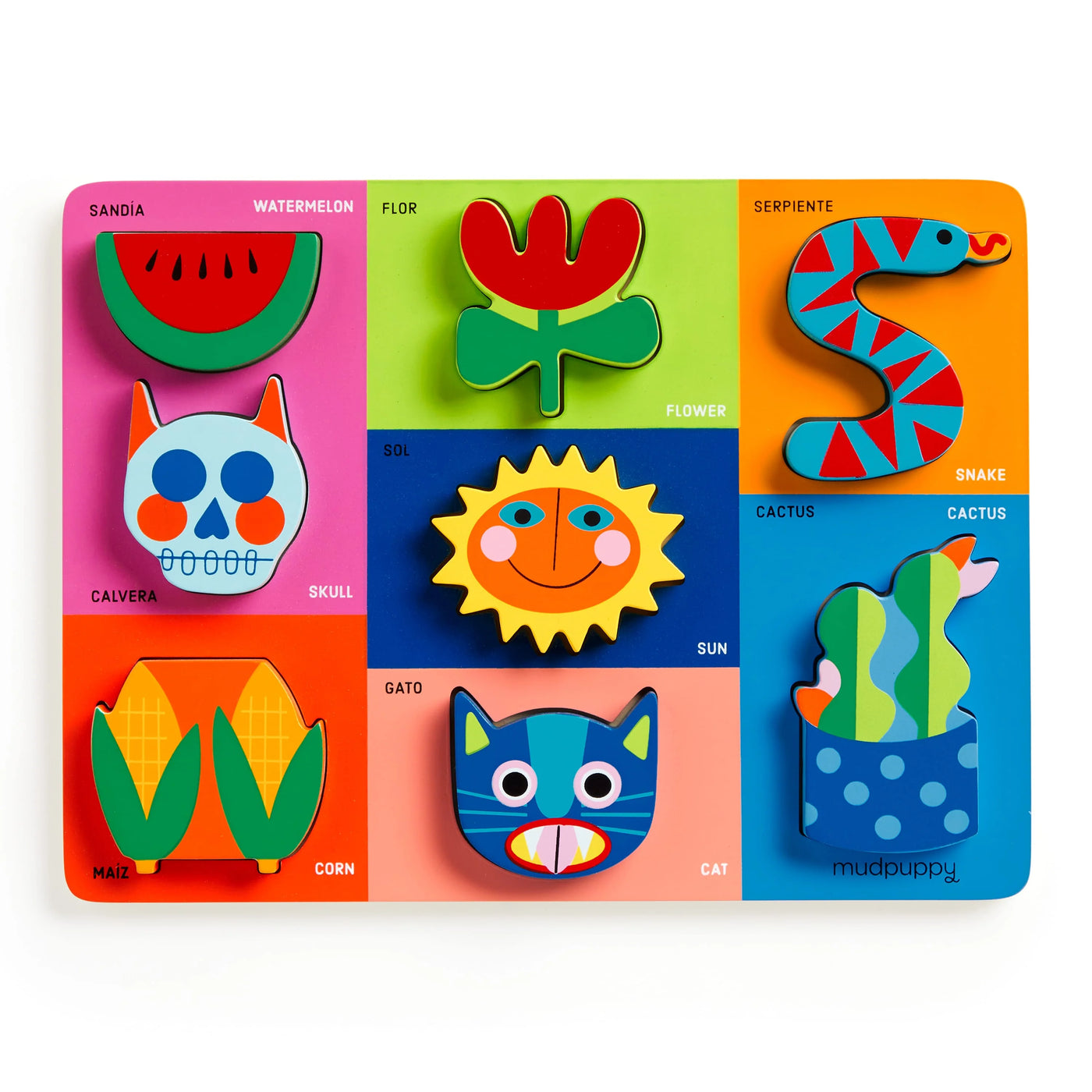 rectangle wooden puzzle that features colorful images of various objects such as a snake, cat and corn.
