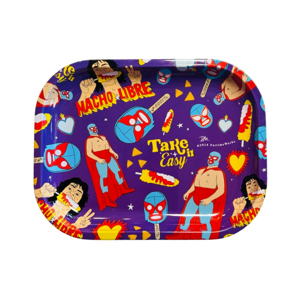 Purple metal tray with images of Nacho libre, Mexican corn on the cob and nacho libre mask paleta.