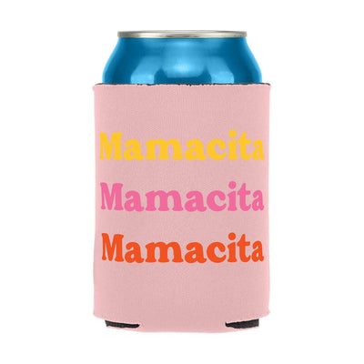 light pink can cooler with the word Mamacita in yellow, pink and orange lettering.