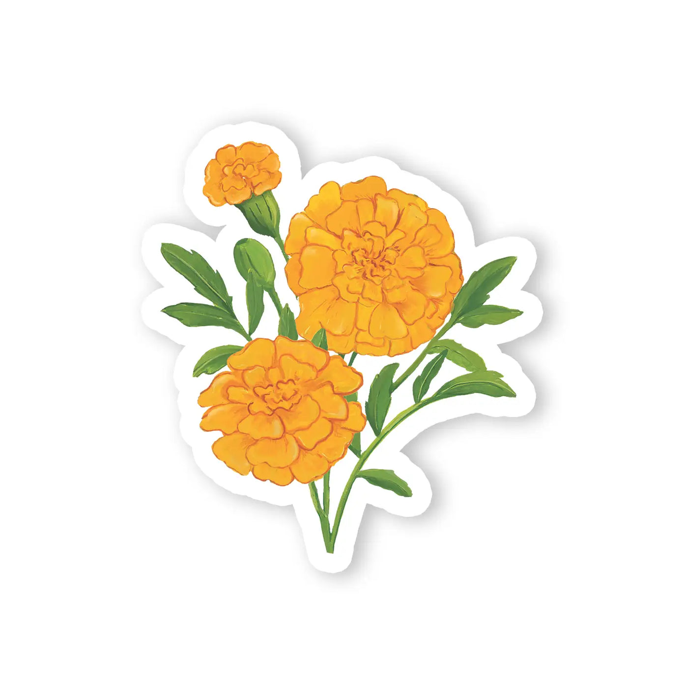 Vinyl sticker of three bright orange marigold flowers with green leaves, die-cut with a white border.