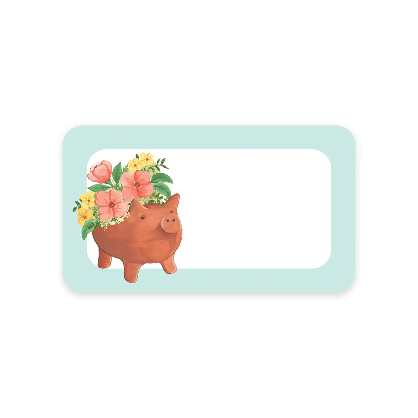 Mini notepad design with a terracotta pig-shaped planter filled with colorful flowers on a mint green and white background. 