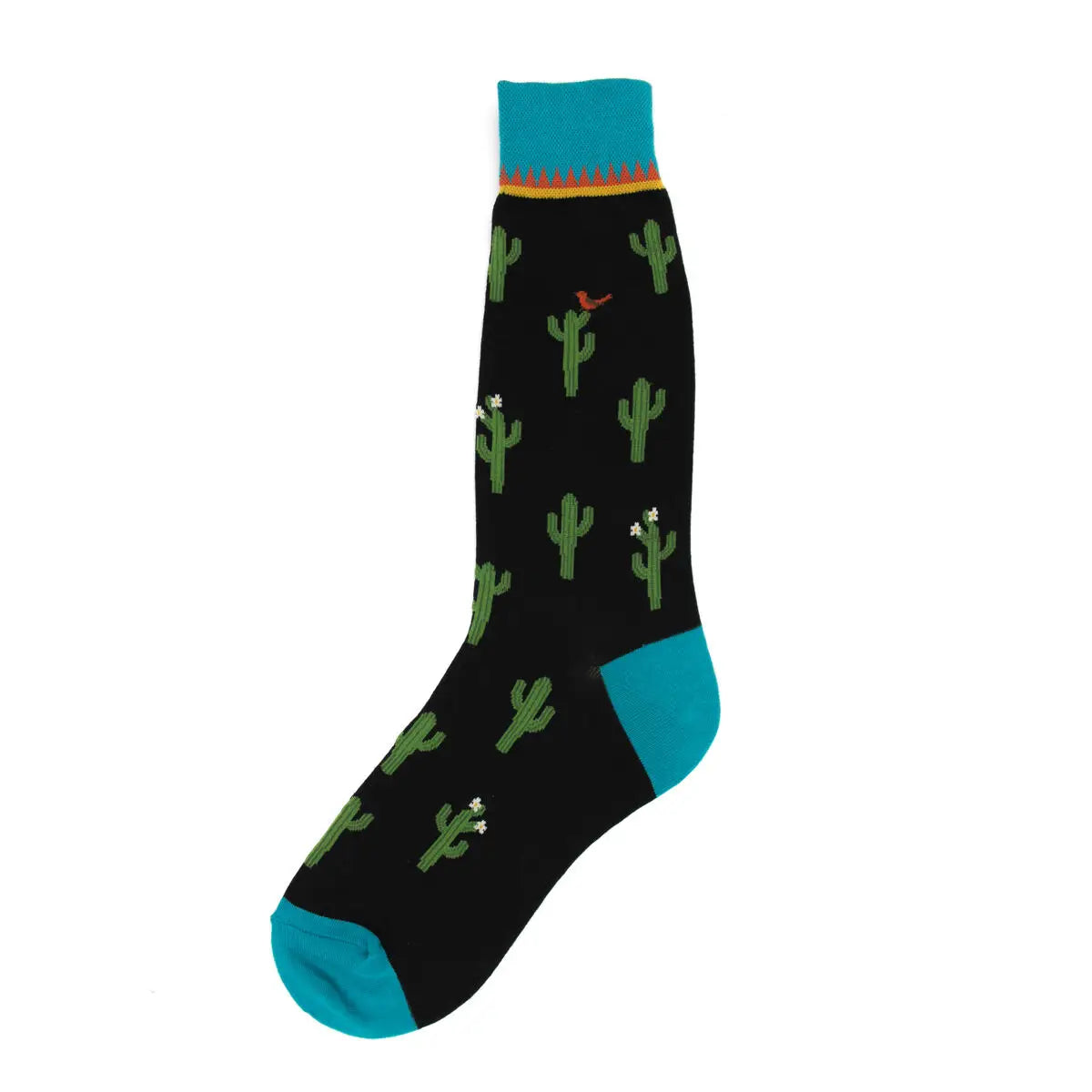 Black men’s sock with green cactus pattern, turquoise heel and toe, and turquoise cuff with red and yellow trim.