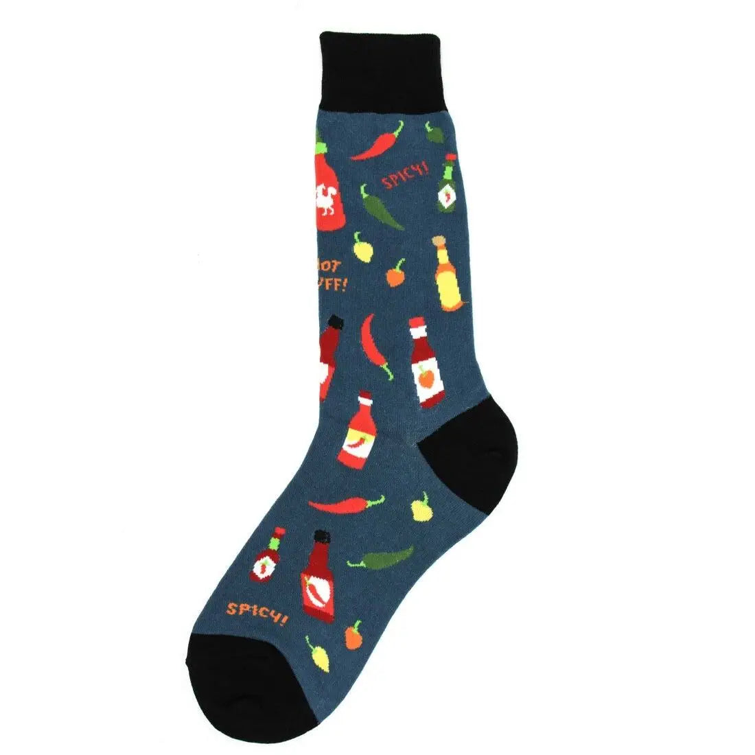 Blue men’s sock with colorful chili pepper and hot sauce bottle designs, black heel, toe, and cuff.