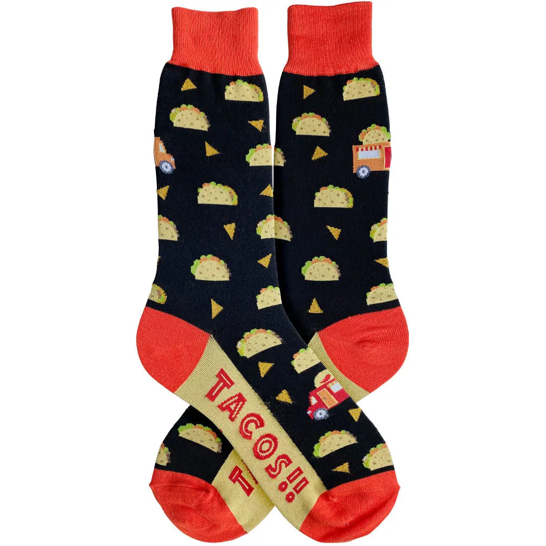 Black men’s socks with a repeating taco, chip, and taco truck pattern, red heels, toes, and cuffs, and “TACOS!!” text on the sole.