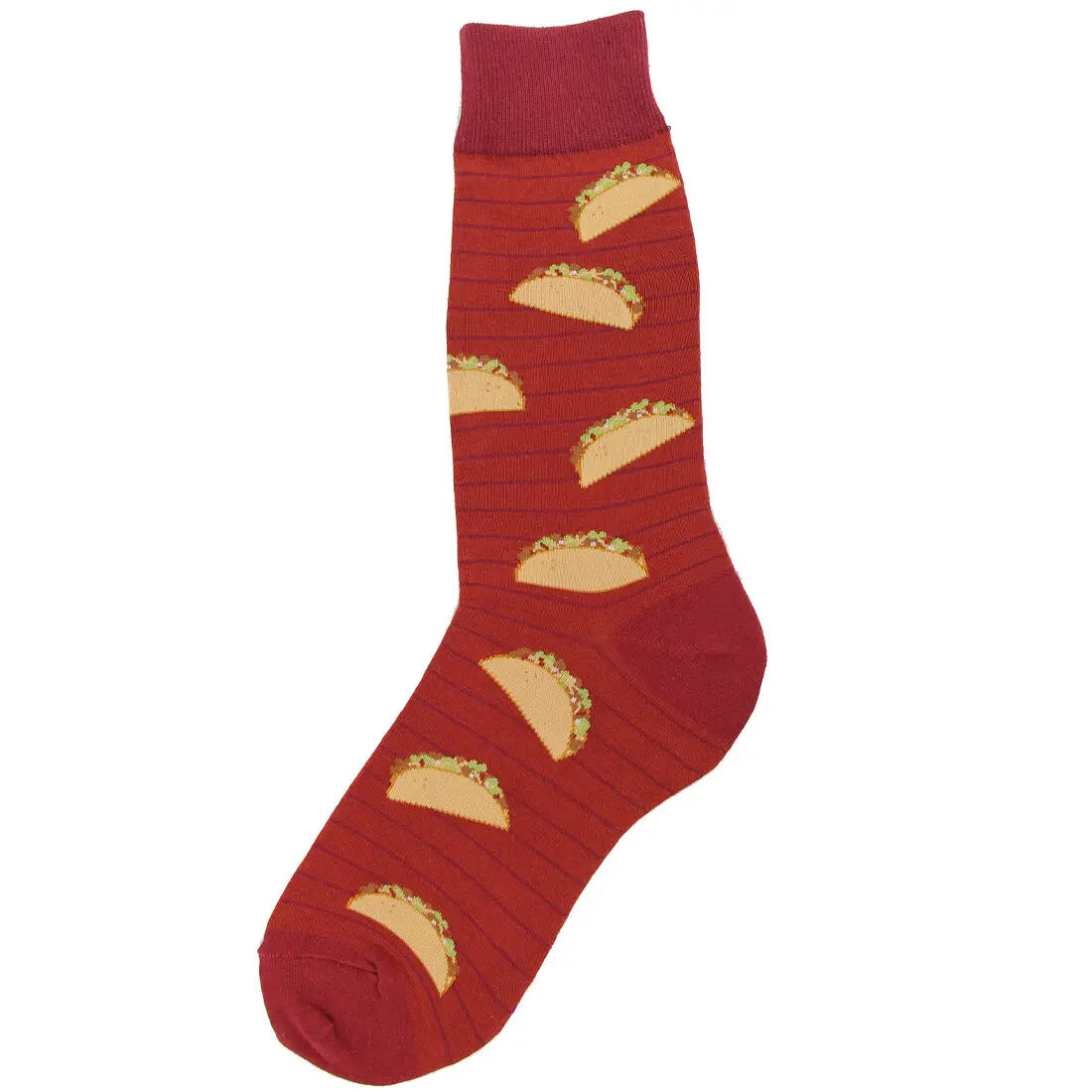 Red men’s sock with repeating taco pattern and subtle horizontal stripe detailing.